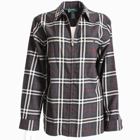 Ralph Lauren Jacket Wool Plaid Zip Front Black White Red M - Picture 1 of 7